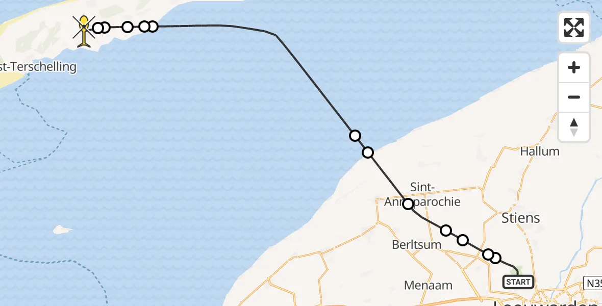 Routekaart van de vlucht: Ambulanceheli naar Midsland, Keegsdijkje