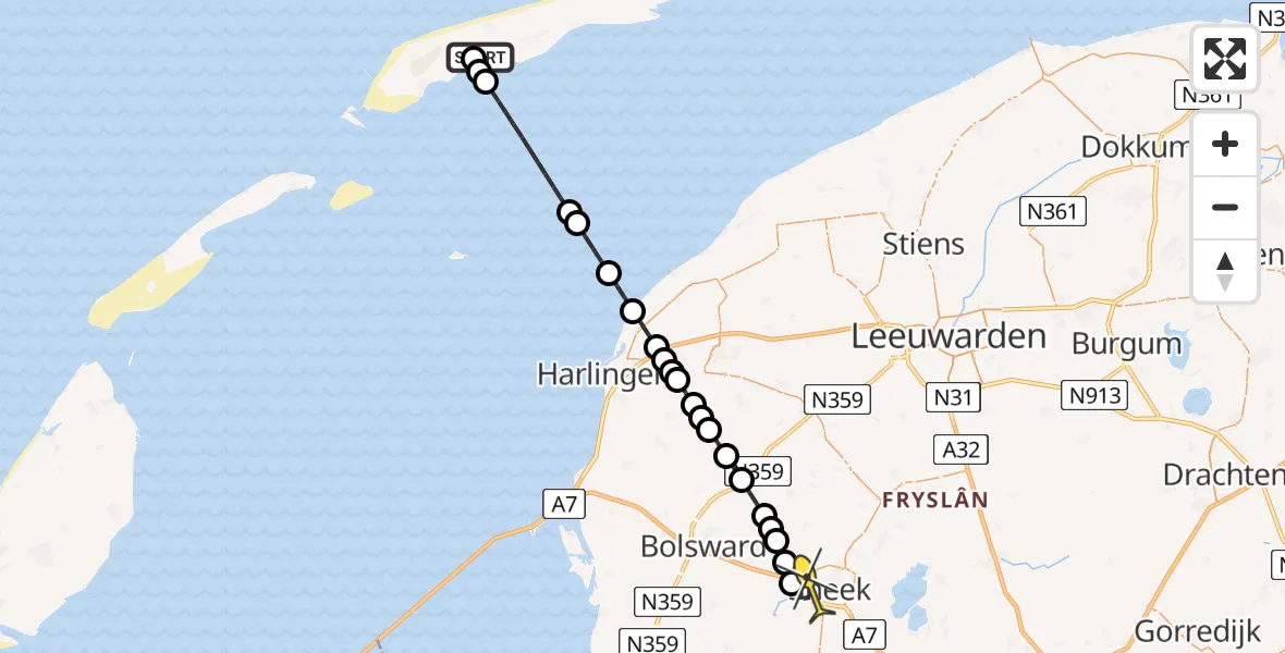 Routekaart van de vlucht: Ambulancehelikopter naar Sneek, Stortumerdijk