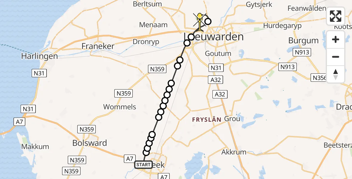 Routekaart van de vlucht: Ambulanceheli naar Vliegbasis Leeuwarden, Stadsrondweg-Noord