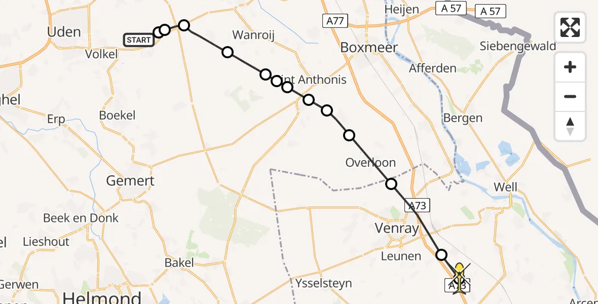 Routekaart van de vlucht: Politiehelikopter naar Castenray, Peelweg