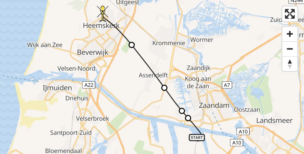 Routekaart van de vlucht: Lifeliner 1 naar Heemskerk, Pronkersloot