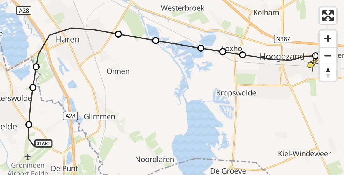 Routekaart van de vlucht: Lifeliner 4 naar Sappemeer, Burgemeester J.G. Legroweg