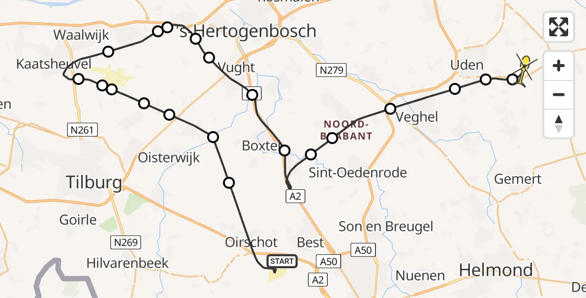 Routekaart van de vlucht: Politiehelikopter naar Vliegbasis Volkel, Eindhovensedijk