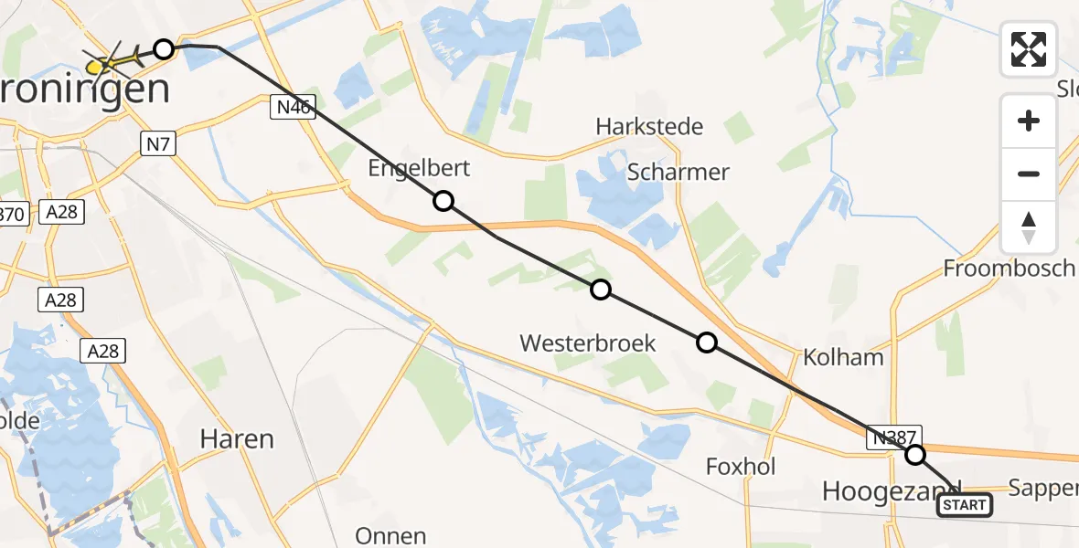 Routekaart van de vlucht: Lifeliner 4 naar Universitair Medisch Centrum Groningen, Knijpslaan