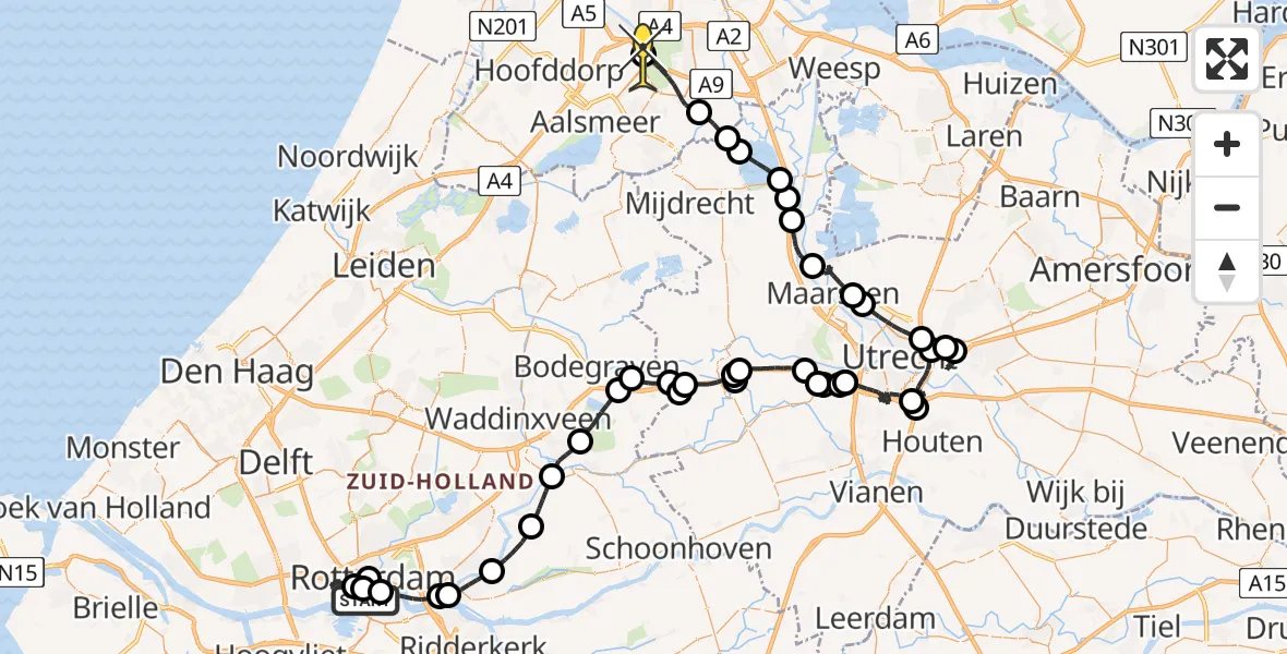 Routekaart van de vlucht: Politiehelikopter naar Schiphol, Westersingel