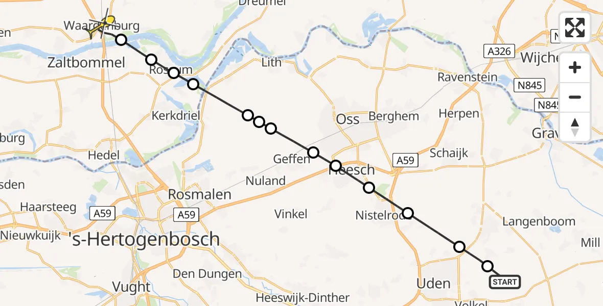 Routekaart van de vlucht: Lifeliner 3 naar Waardenburg, De Bunders