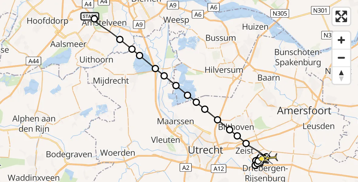 Routekaart van de vlucht: Politiehelikopter naar Driebergen-Rijsenburg, Canadaweg