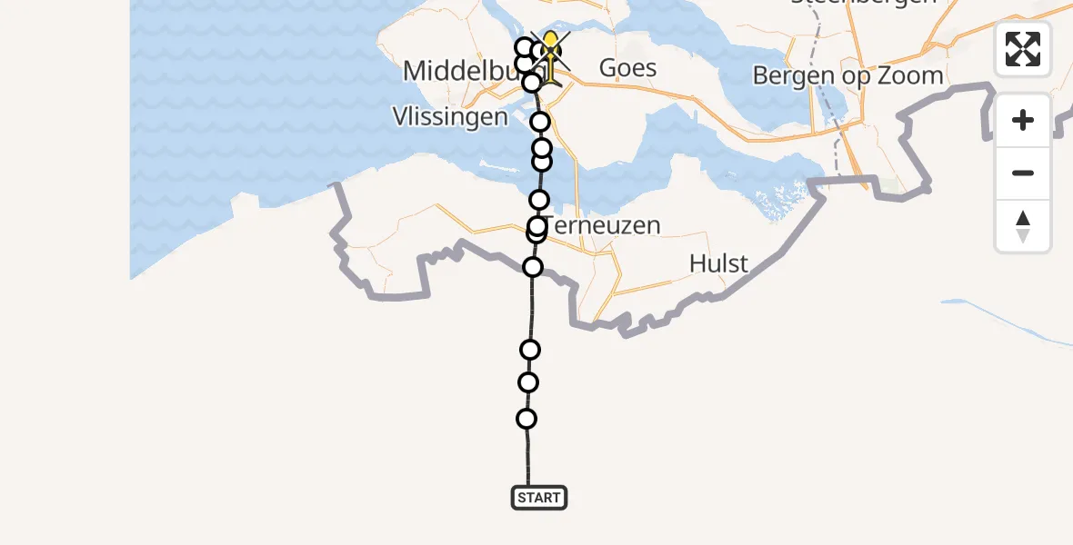 Routekaart van de vlucht: Lifeliner 2 naar Vliegveld Midden-Zeeland, Pietweg