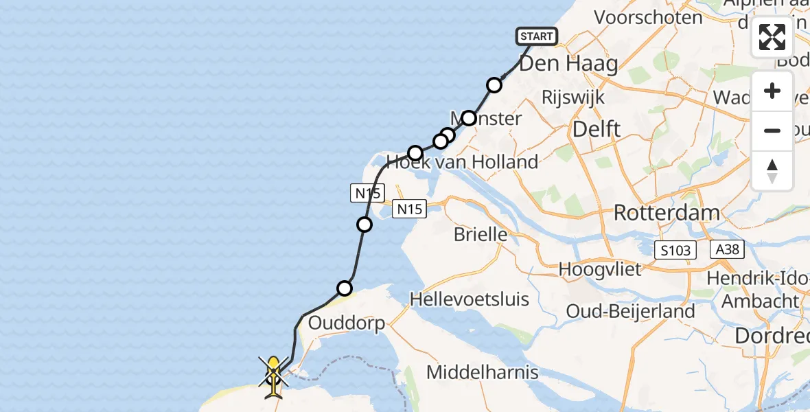 Routekaart van de vlucht: Politieheli naar Renesse, Zuiderstrand
