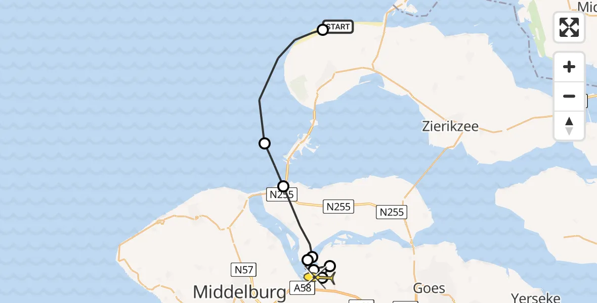 Routekaart van de vlucht: Politiehelikopter naar Vliegveld Midden-Zeeland, Overgangetje van Rijkswaterstaat