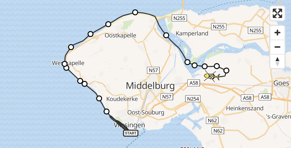 Routekaart van de vlucht: Kustwachthelikopter naar Vliegveld Midden-Zeeland, Dishoek