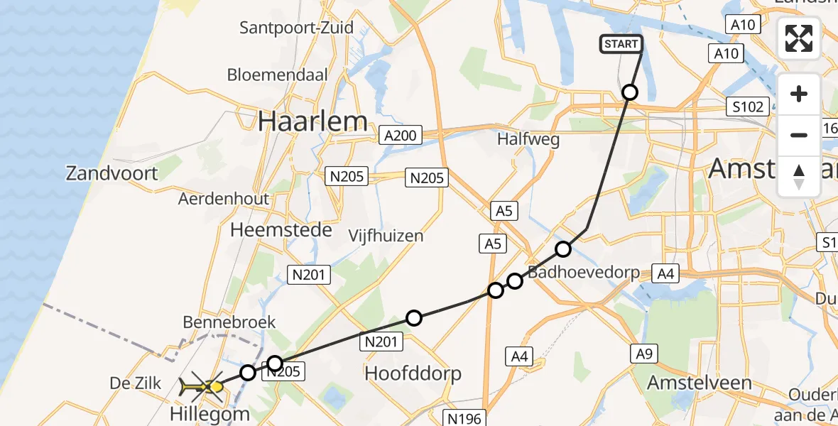Routekaart van de vlucht: Lifeliner 1 naar Hillegom, Westhaven