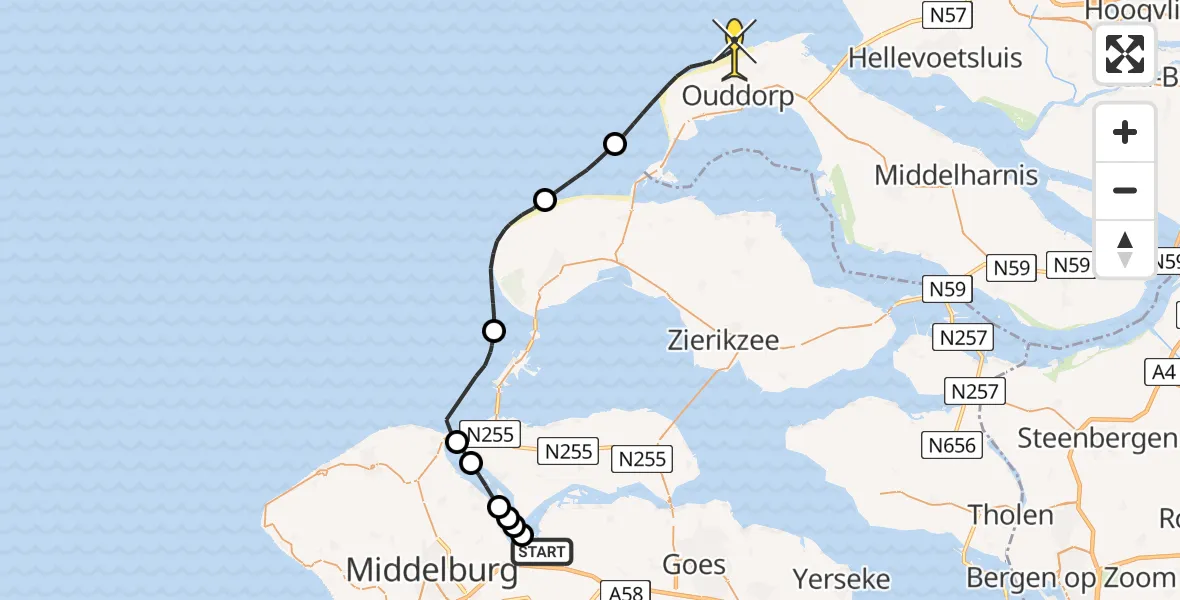 Routekaart van de vlucht: Politieheli naar Ouddorp, Oranjeplaatweg