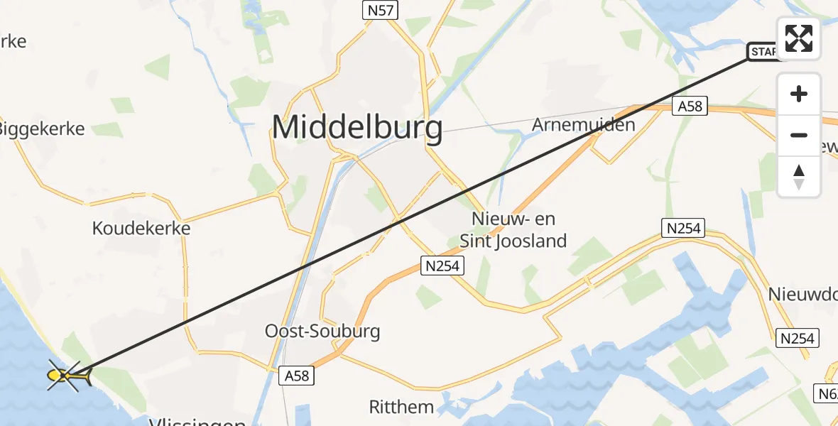 Routekaart van de vlucht: Kustwachthelikopter naar Vlissingen, Calandweg