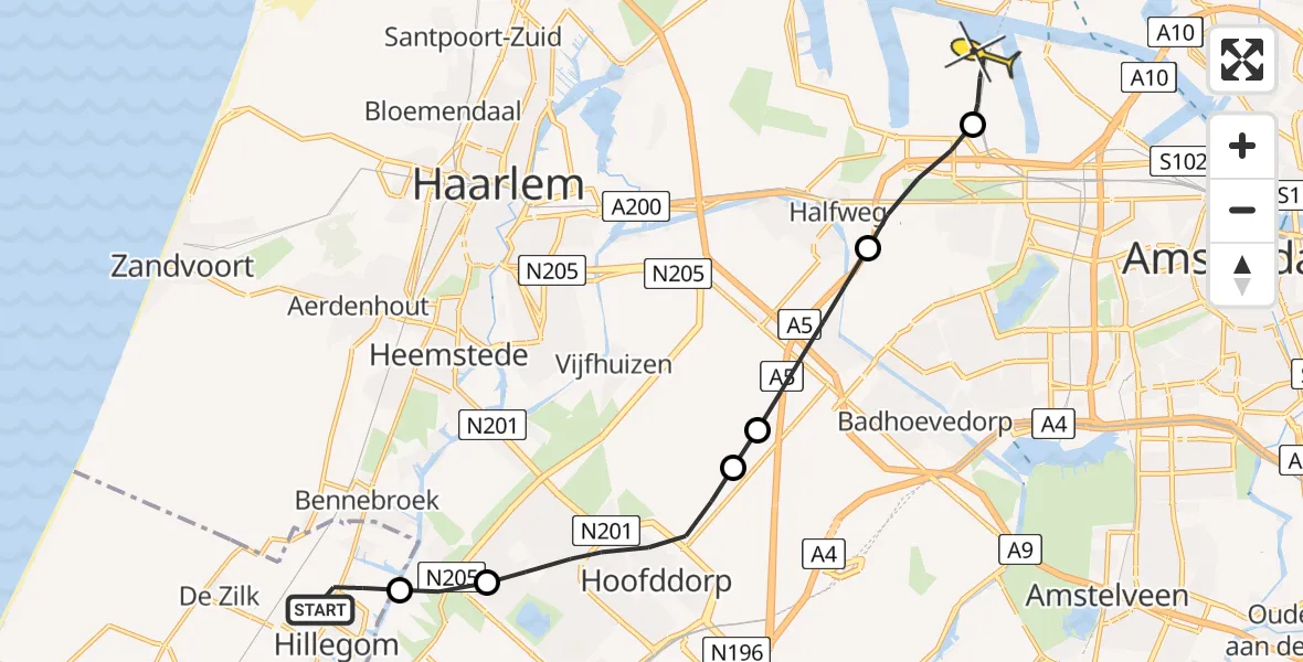 Routekaart van de vlucht: Lifeliner 1 naar Amsterdam Heliport, Spieringweg