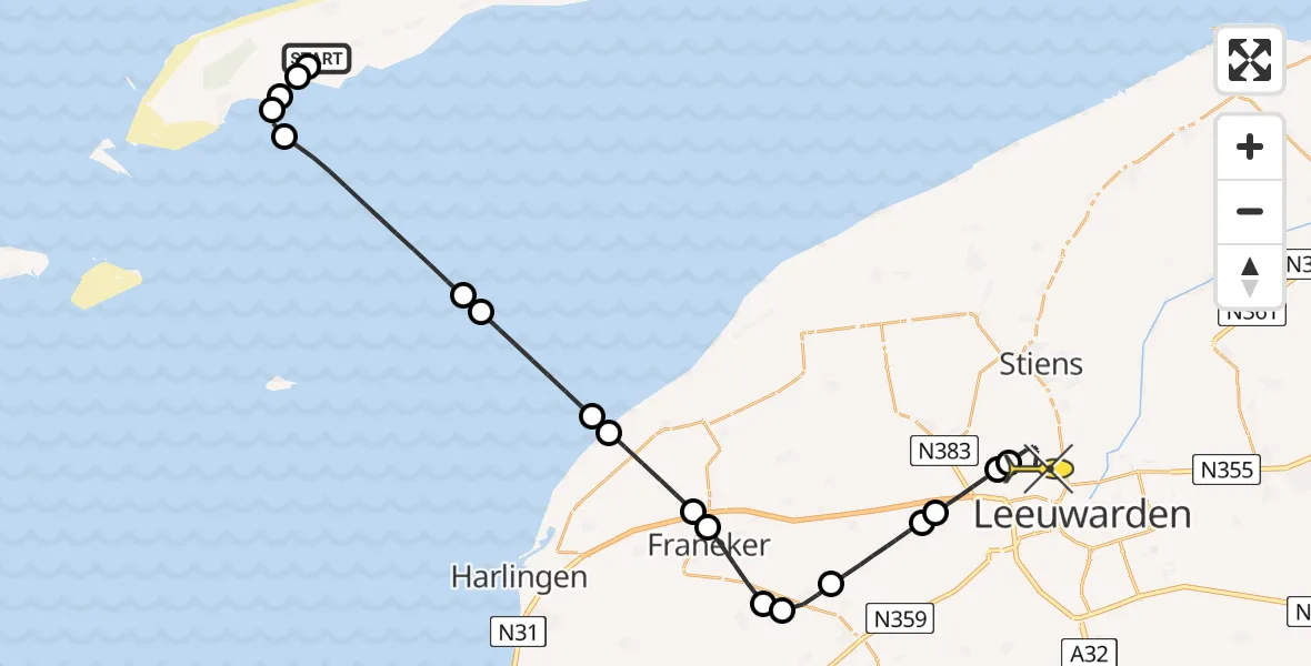 Routekaart van de vlucht: Ambulanceheli naar Vliegbasis Leeuwarden, Hoofdweg