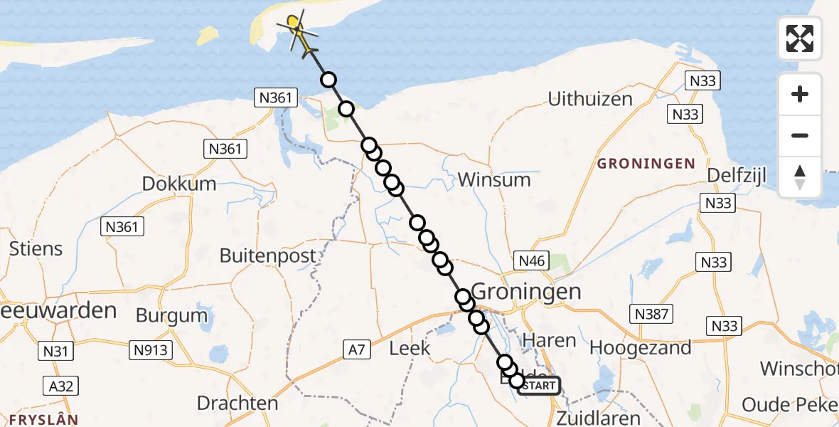 Routekaart van de vlucht: Lifeliner 4 naar Schiermonnikoog, Veldkampweg