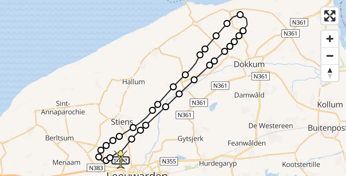 Routekaart van de vlucht: Ambulancehelikopter naar Vliegbasis Leeuwarden, Keegsdijkje