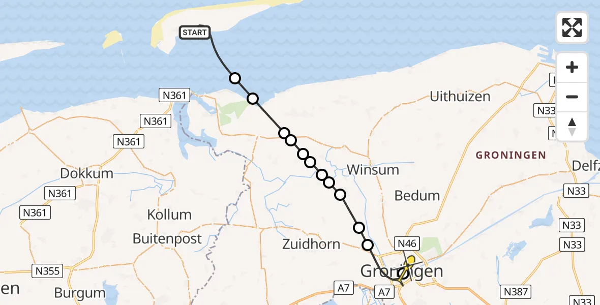 Routekaart van de vlucht: Lifeliner 4 naar Universitair Medisch Centrum Groningen, Kwelderpad