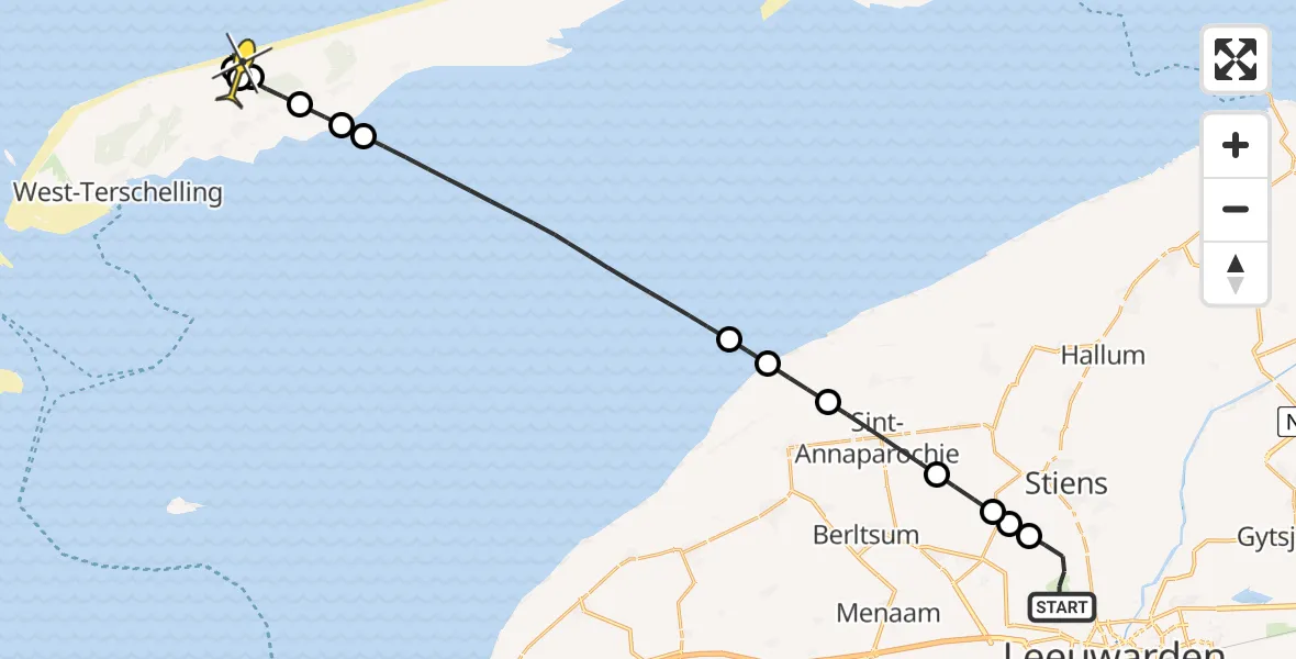 Routekaart van de vlucht: Ambulanceheli naar Midsland, Keegsdijkje