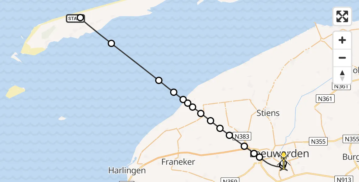 Routekaart van de vlucht: Ambulancehelikopter naar Leeuwarden, Badweg Formerum