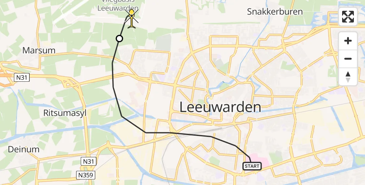 Routekaart van de vlucht: Ambulancehelikopter naar Vliegbasis Leeuwarden, Hollanderhof
