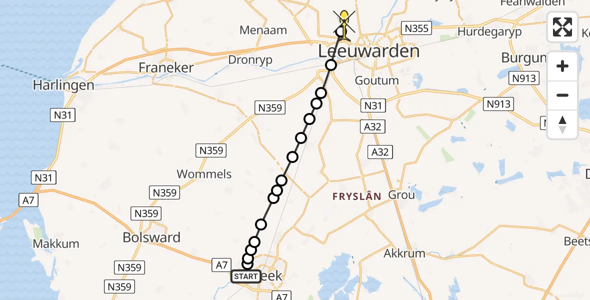 Routekaart van de vlucht: Ambulancehelikopter naar Vliegbasis Leeuwarden, Stadsrondweg-Noord
