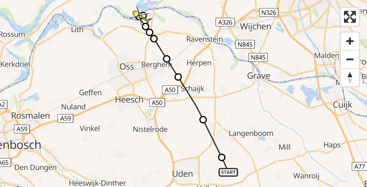 Routekaart van de vlucht: Lifeliner 3 naar Maasbommel, Achter-Oventje