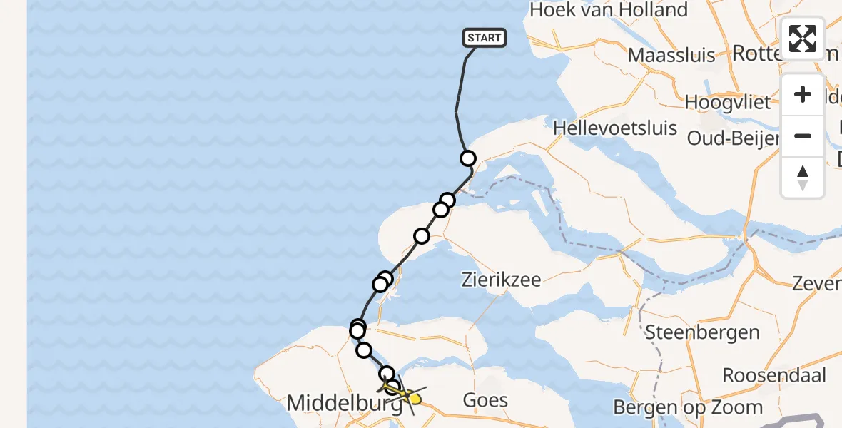Routekaart van de vlucht: Kustwachthelikopter naar Vliegveld Midden-Zeeland, Soelekerkeplaat