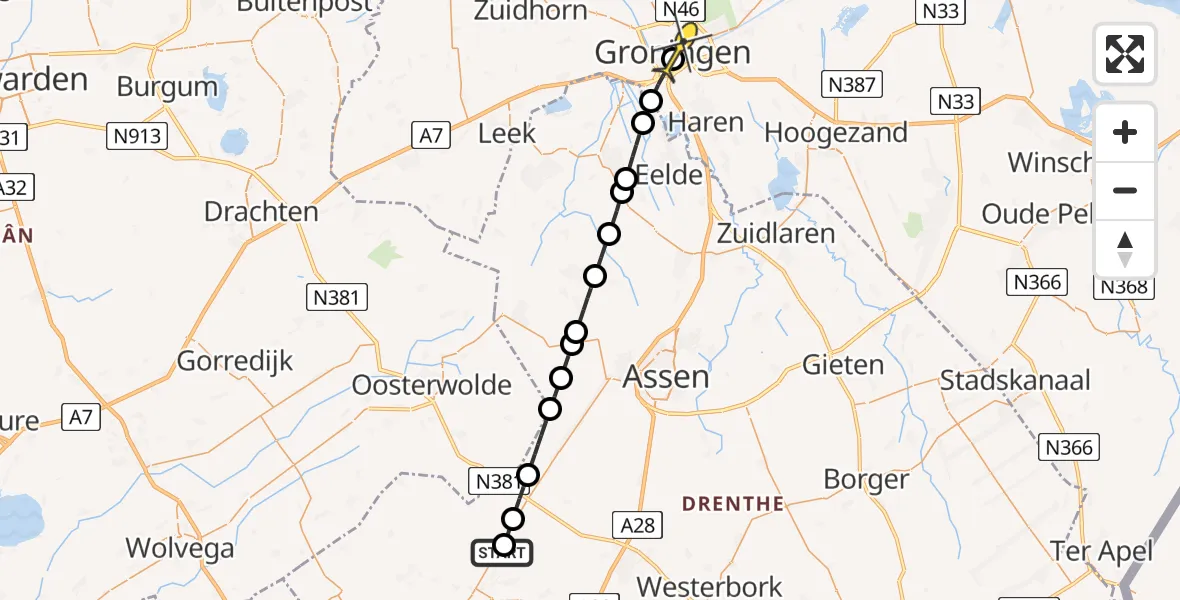 Routekaart van de vlucht: Lifeliner 4 naar Universitair Medisch Centrum Groningen, Venesluis