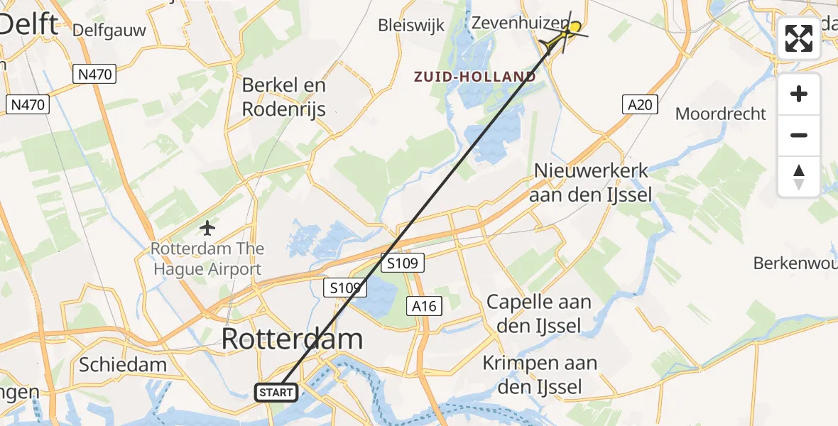 Routekaart van de vlucht: Lifeliner 2 naar Zevenhuizen, Westzeedijk