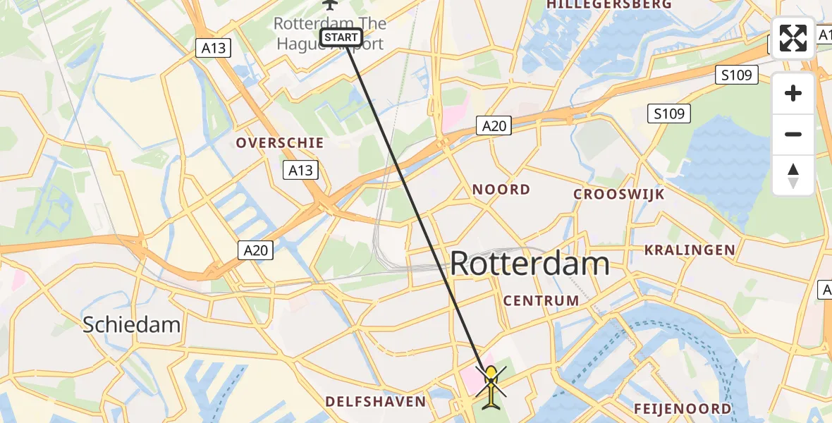 Routekaart van de vlucht: Lifeliner 2 naar Erasmus MC, Westzeedijk