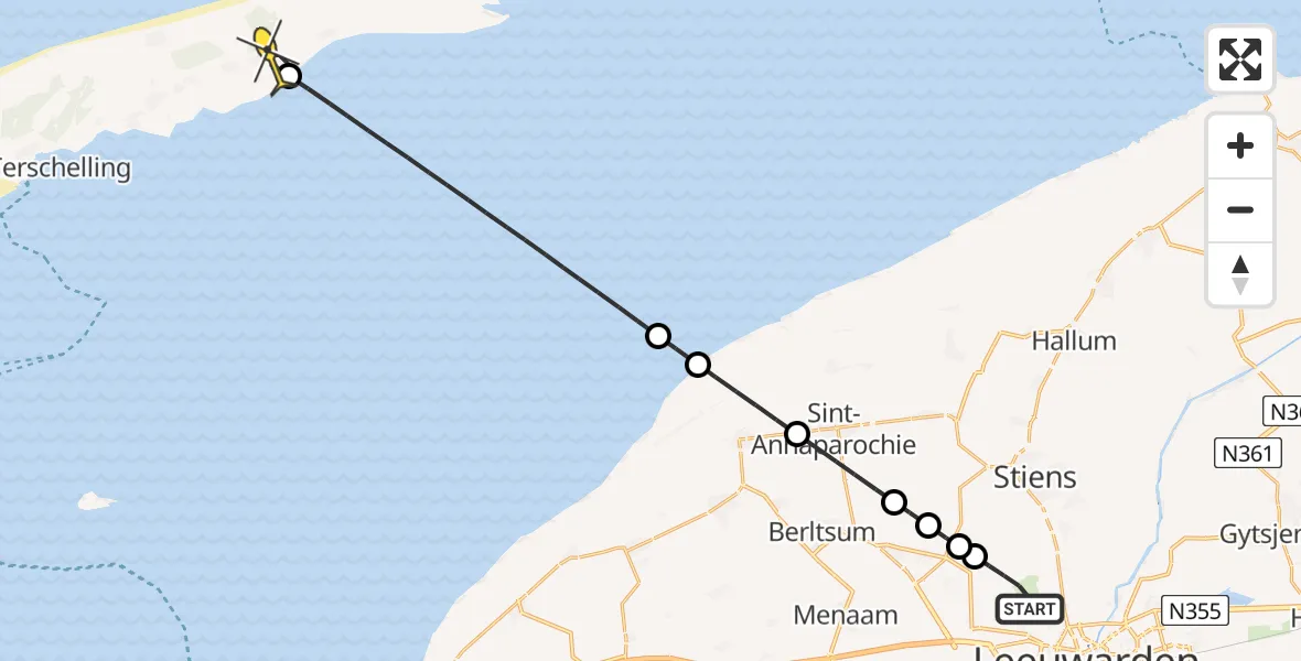 Vluchtroute Ambulancehelikopter van Vliegbasis Leeuwarden naar Hoorn