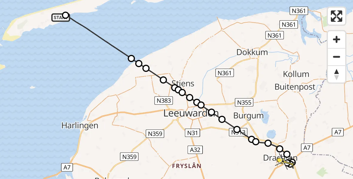 Routekaart van de vlucht: Ambulancehelikopter naar Drachten, Hoorner Kooiweg