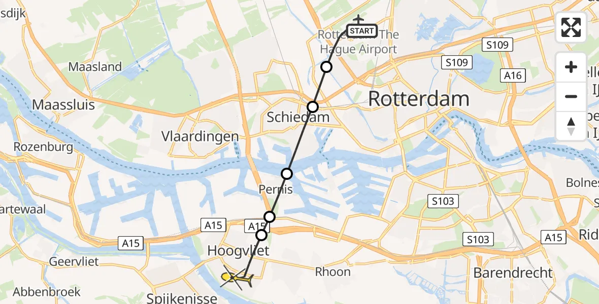 Routekaart van de vlucht: Lifeliner 2 naar Hoogvliet, Zaventembaan