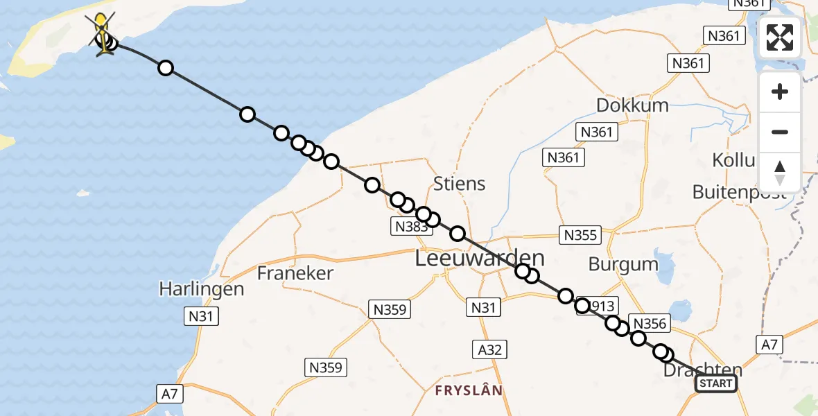 Routekaart van de vlucht: Ambulancehelikopter naar Midsland, De Marke