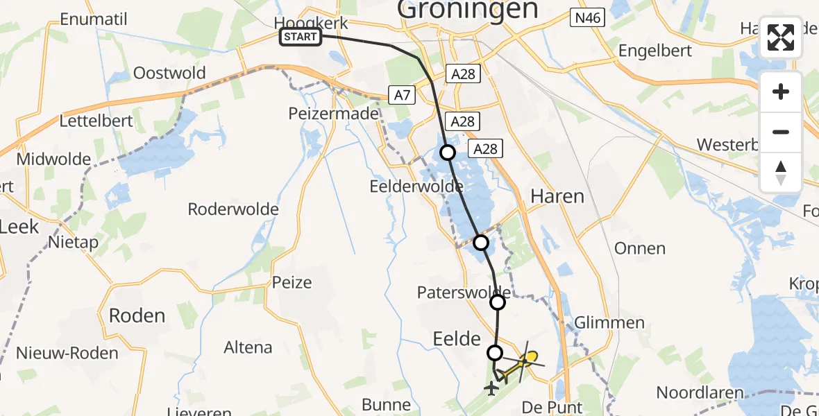 Routekaart van de vlucht: Lifeliner 4 naar Groningen Airport Eelde, Johan van Zwedenlaan
