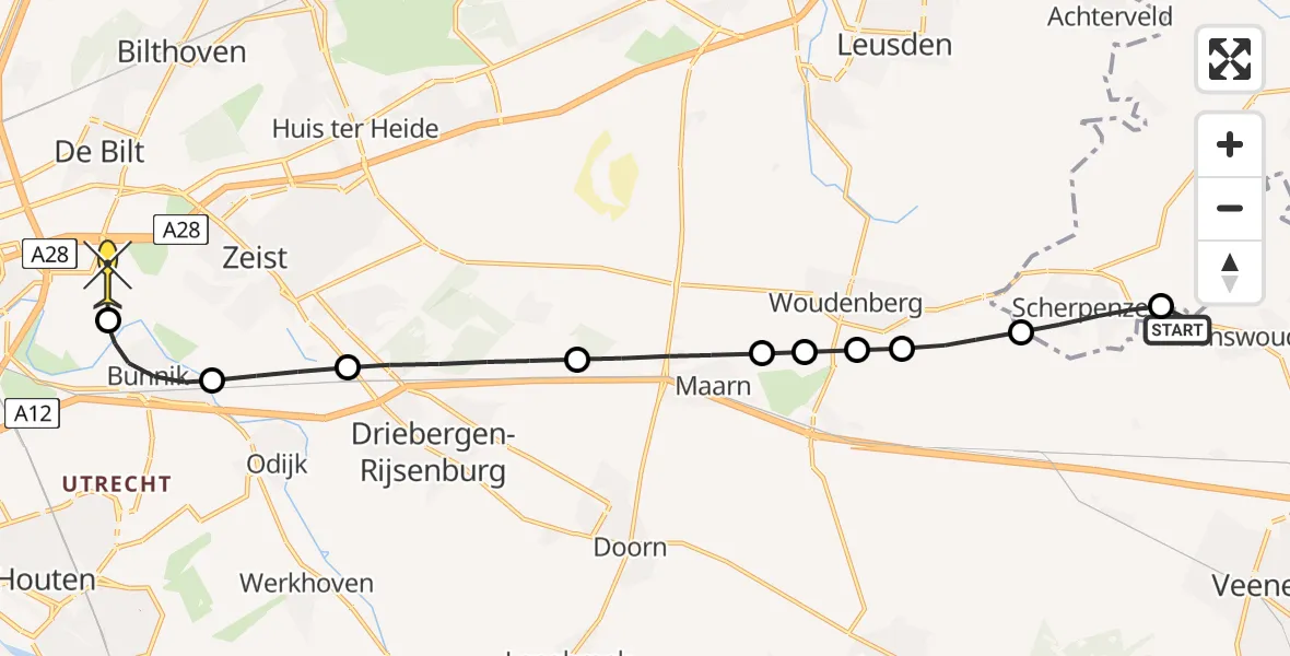 Routekaart van de vlucht: Lifeliner 3 naar Universitair Medisch Centrum Utrecht, Holleweg