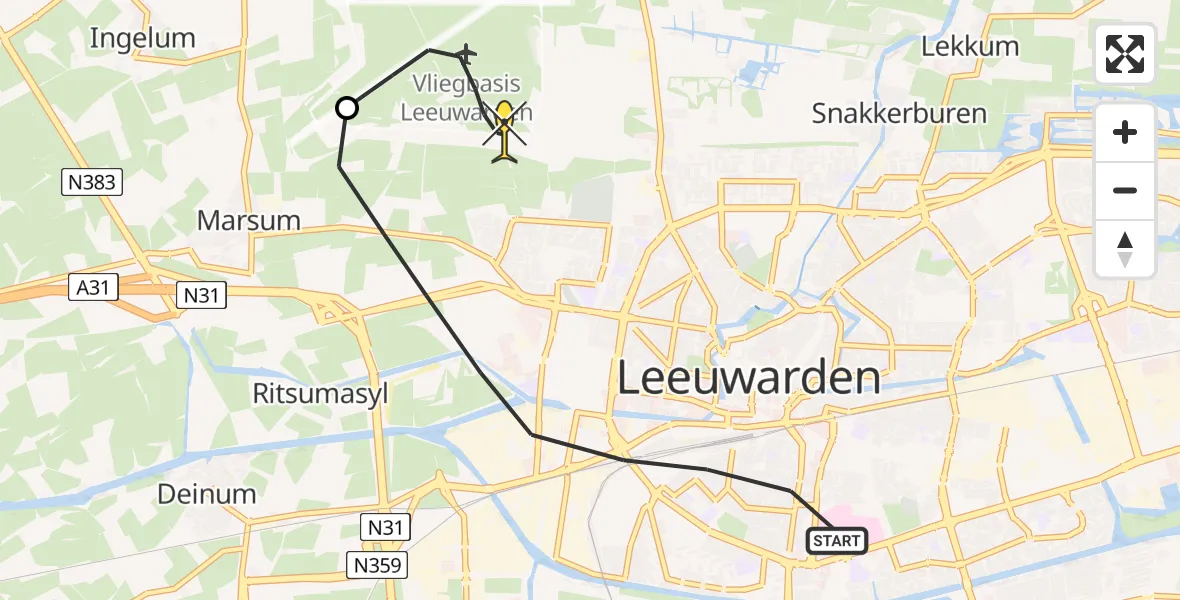 Routekaart van de vlucht: Ambulancehelikopter naar Vliegbasis Leeuwarden, Jan Lievensstraat