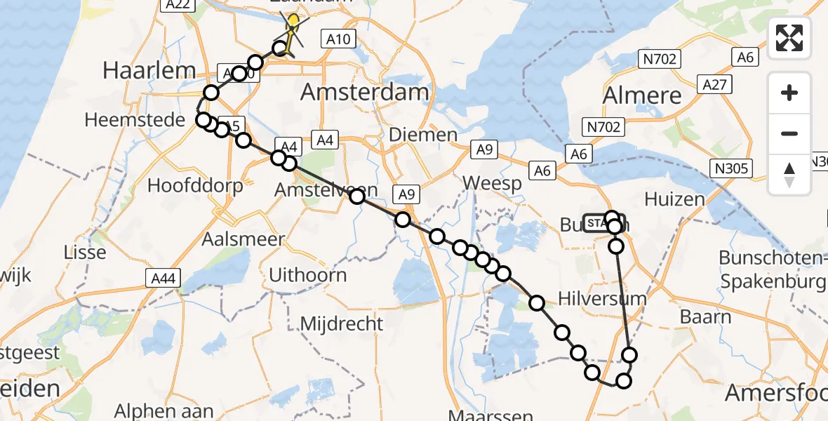 Routekaart van de vlucht: Lifeliner 1 naar Amsterdam Heliport, Lothariuslaan