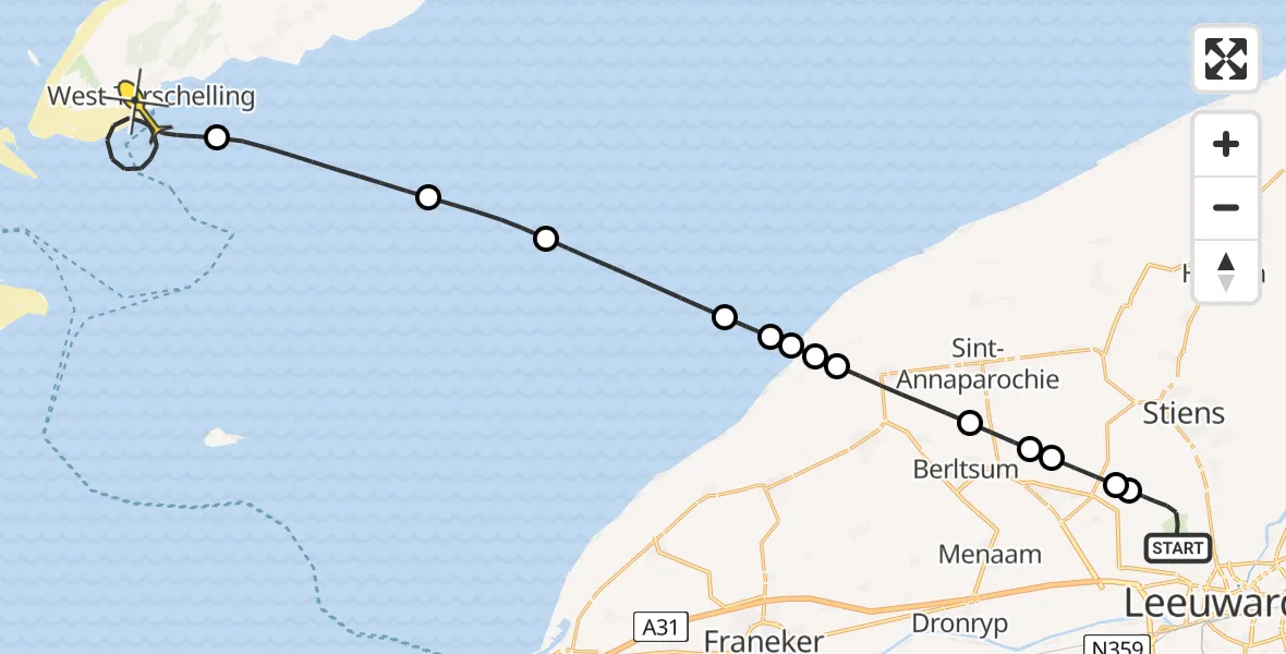 Routekaart van de vlucht: Ambulanceheli naar West-Terschelling, Keegsdijkje