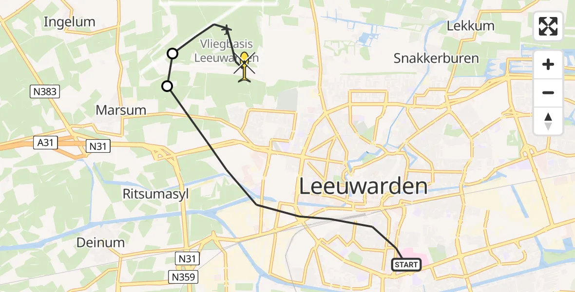 Routekaart van de vlucht: Ambulancehelikopter naar Vliegbasis Leeuwarden, Leeuwarderstraat