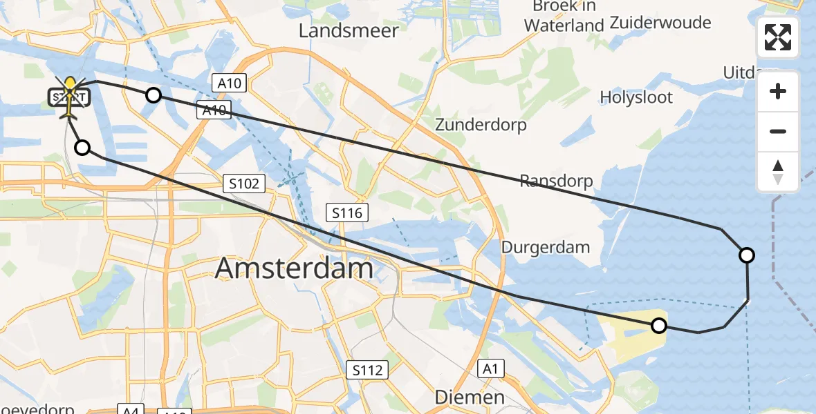 Routekaart van de vlucht: Lifeliner 1 naar Amsterdam Heliport, Kombuisweg