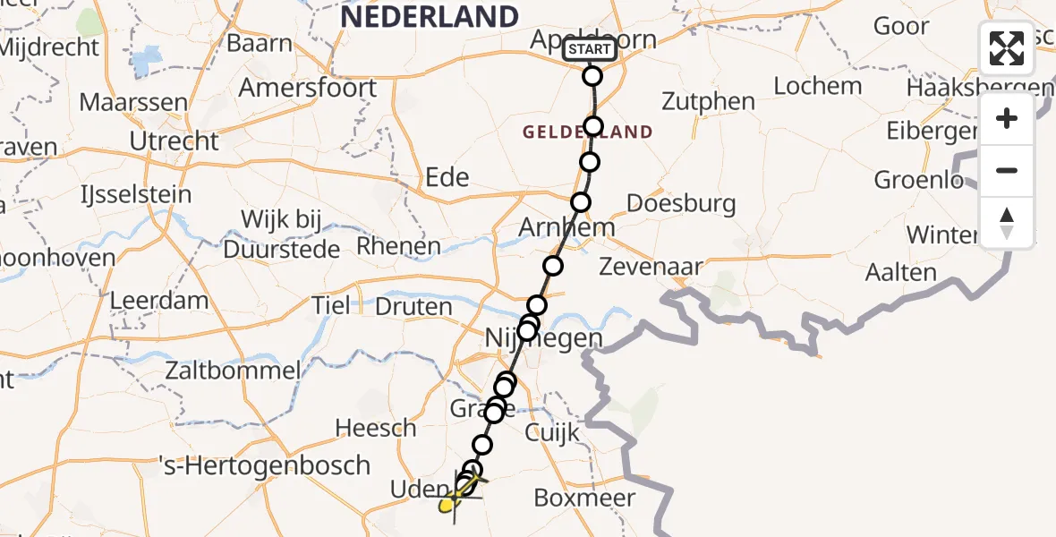 Routekaart van de vlucht: Lifeliner 3 naar Vliegbasis Volkel, De Heze