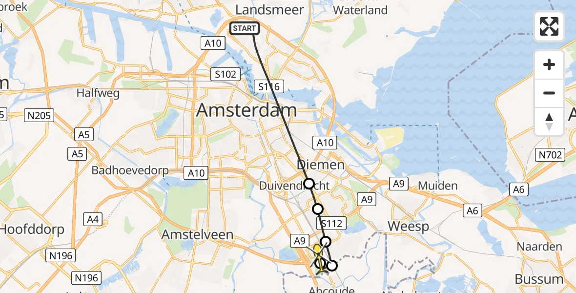 Routekaart van de vlucht: Lifeliner 1 naar Academisch Medisch Centrum (AMC), Moerbeienstraat