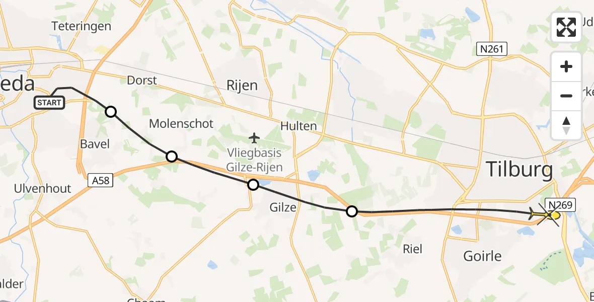 Routekaart van de vlucht: Lifeliner 2 naar Tilburg, Wilderen