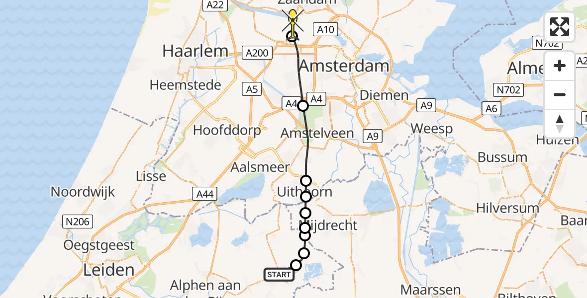 Routekaart van de vlucht: Lifeliner 1 naar Amsterdam Heliport, Waterhoen