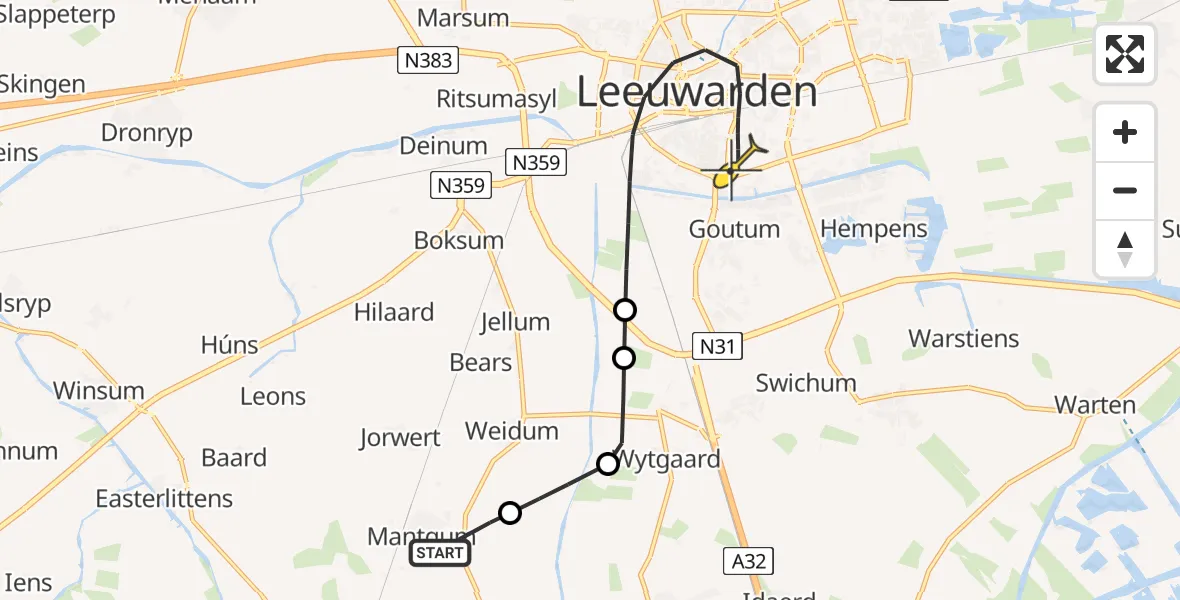 Routekaart van de vlucht: Lifeliner 4 naar Leeuwarden, Mantgumer Feart