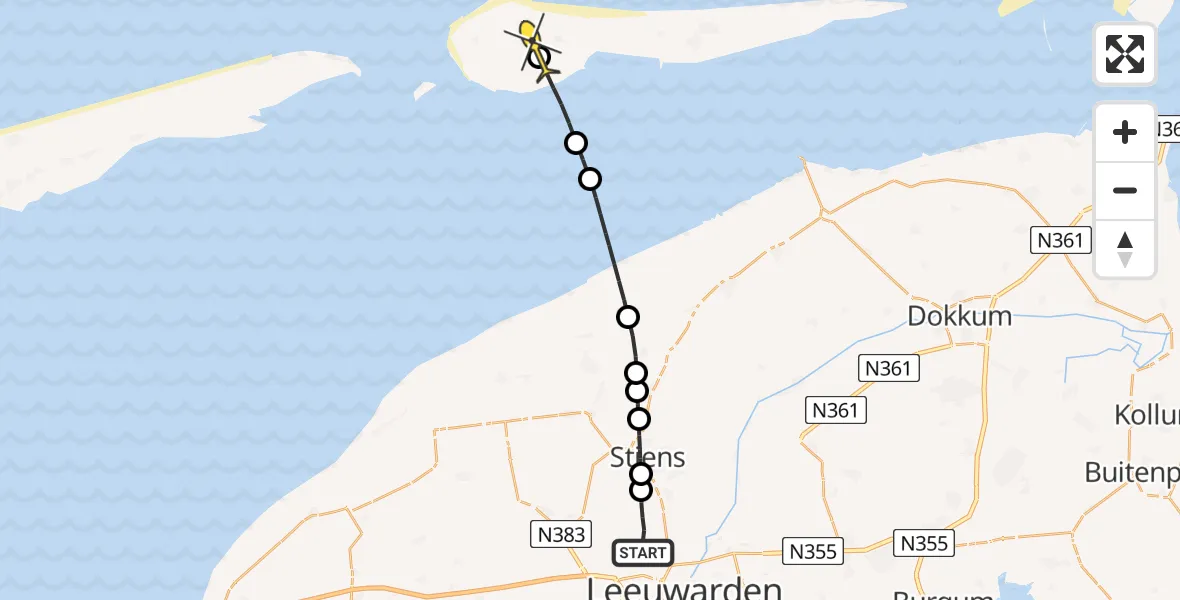 Routekaart van de vlucht: Ambulanceheli naar Ameland Airport Ballum, Keegsdijkje