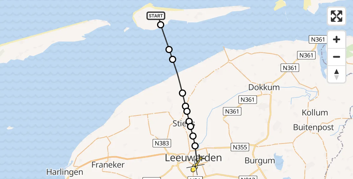 Routekaart van de vlucht: Ambulancehelikopter naar Leeuwarden, Ballumermieden